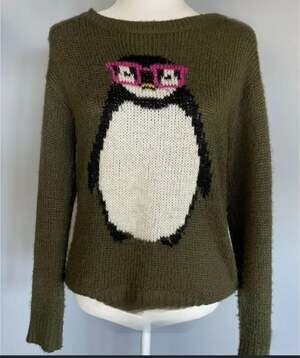 Rewind Army Green Penguin wearing glasses Sweater, M